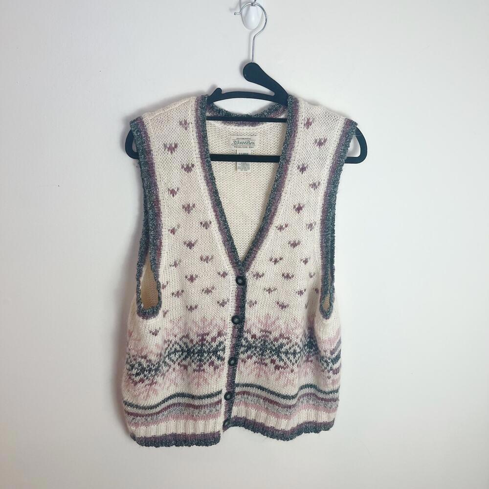 St. John's Bay Sweater Vest XL Cream Pink Fair Isle Knit Button Front V-Neck - Picture 8 of 8